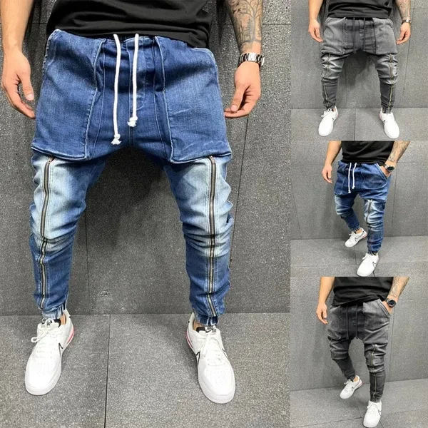 New Style Men's Jeans Casual Sports Big Pocket Trousers and Drawstring Jeans