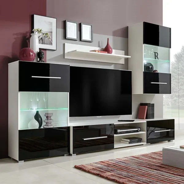 Five-part wall unit TV cabinet with black LED lighting TV-Schrank TV-meubel Meuble TV