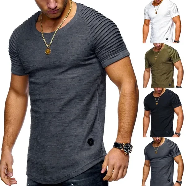 Men's Casual Tops Summer Short-sleeved T-shirt Solid Color Fold Round Neck Clothes Men's T-shirt