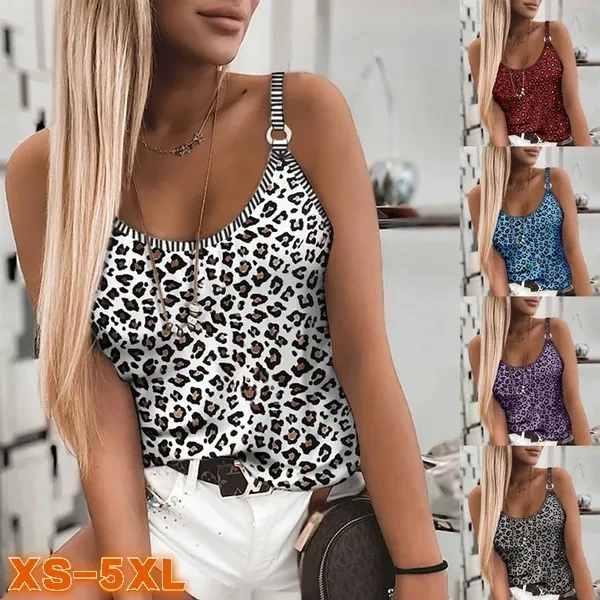 New Fashion Women's Summer Casual Loose Sleeveless Striped Cheetah Print Cami Top Tank Top