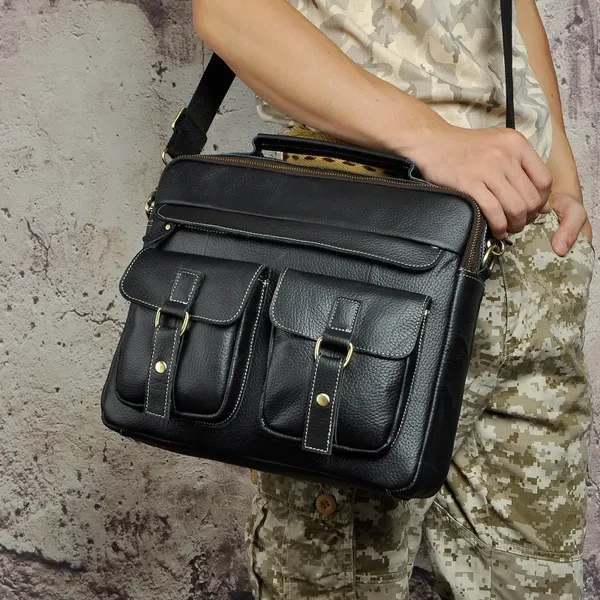 Mens Genuin Leather Cowhide Briefcase Attache Sling Messenger Shoulder Bag 13" Laptop Portfolio Bag