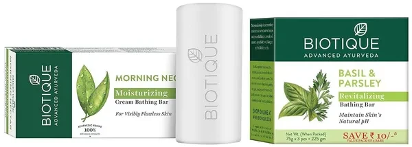 Biotique Bio Basil and Parsley Body Revitalizing Body Soap, Pack of 3, 225 g (3 x 75 g) & Biotique Bio Morning Nectar Flawless Cream Bathing Bar, 150g