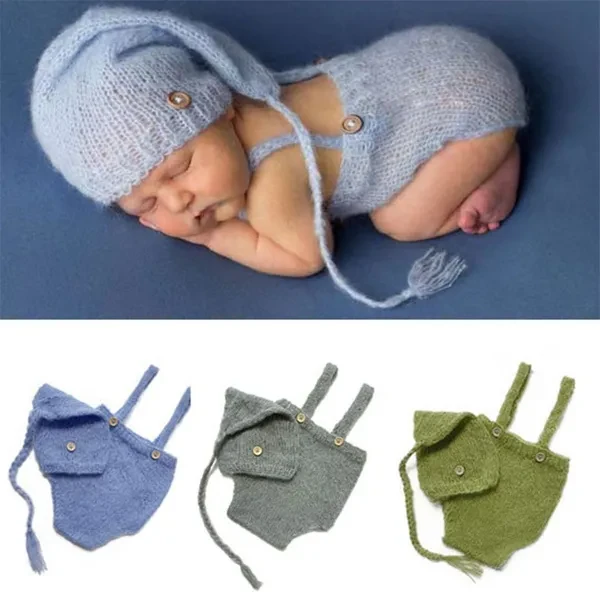 2 Pcs Newborn Photography Props Crochet Outfit Baby Romper Hat Set Infants Photo Shooting Knit Long Tail Beanies Cap IYI