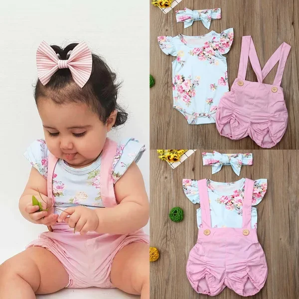 Newborn Baby Kids Girls Floral Romper Tops Bib Pants Headband Outfits Set Clothes