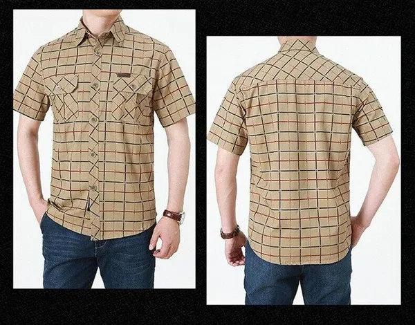 Mens Short Sleeves Shirts Plaids Checks Pockets Button Down Casual Cotton Work Shirts Tops