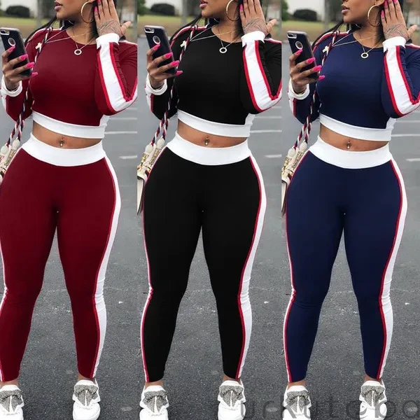 Women Autumn Casual Tracksuit Top Pants Slim Striped Patchwork Pants Sexy Sweatshirt 2Pcs Set