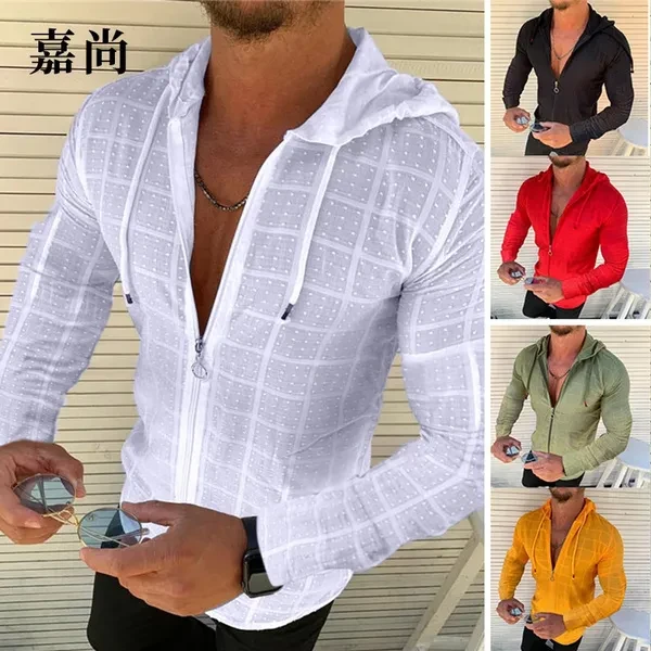2021 Spring and Summer New Men's Shirt Casual Long Sleeve Zipper Shirt Slim Fashion Hooded T-shirt Social Men's Top