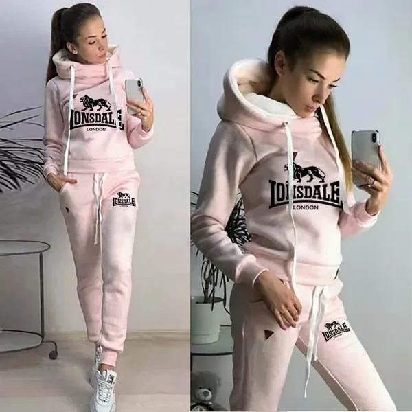 Lonsdale New Women Printed Tracksuit Hoodie Sweatshirt and Pant Suit Ladies Casual 2 Piece Outfits Set Jogging Suit