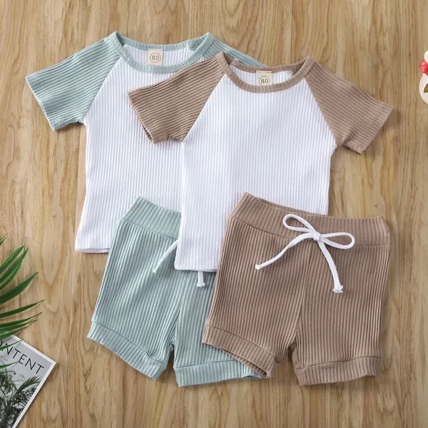 Baby Summer Clothing 2PCS Toddler Kids Baby Boys Girls Short Sleeve Shirt Shorts Pants Clothes Ribbed Patchwork Outfit