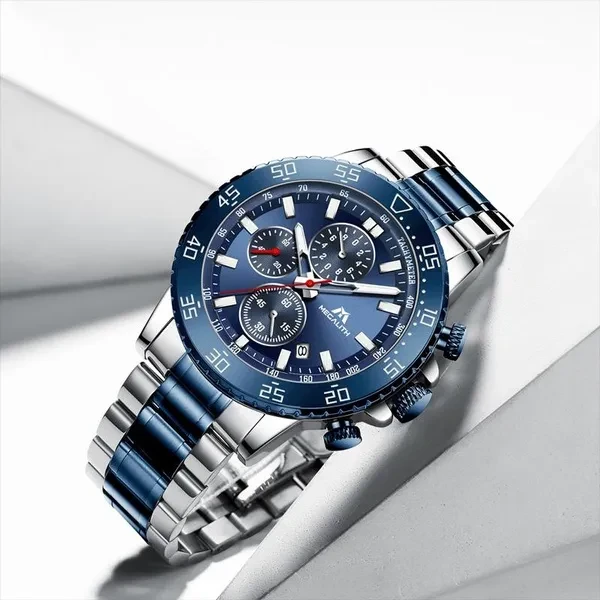 MEGALITH Mens Watches Men Chronograph Stainless Steel Blue Watches for Men Waterproof Analogue Quartz Wrist Watch Fashion Luxury Business Casual Watch Uhren Relógio Relojes Montre