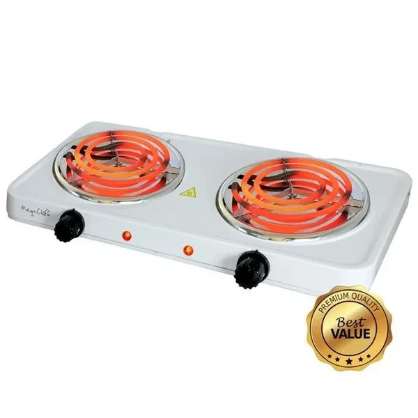 MegaChef MC-2012A-W Electric Easily Portable Ultra Lightweight Dual Coil Burner Cooktop Buffet Range, White