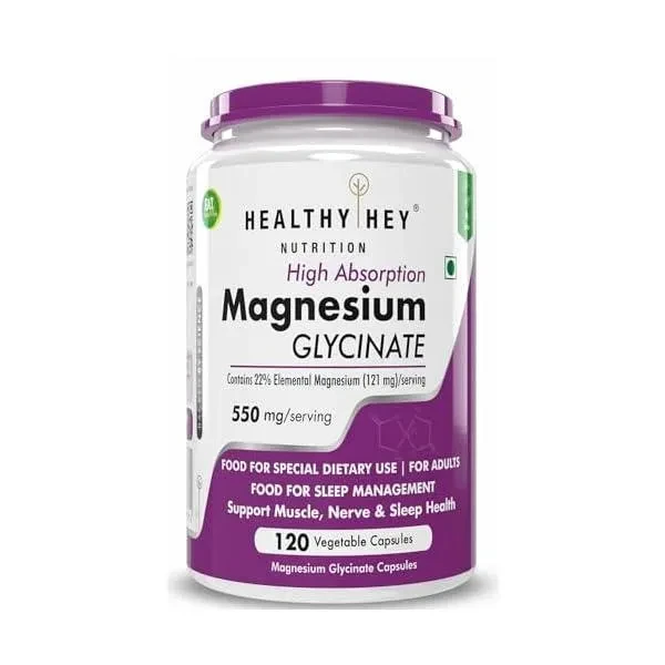 HealthyHey Nutrition Magnesium Glycinate High Absorption for Sleep Cramps & Nerves Health -120 Vegetable Capsules