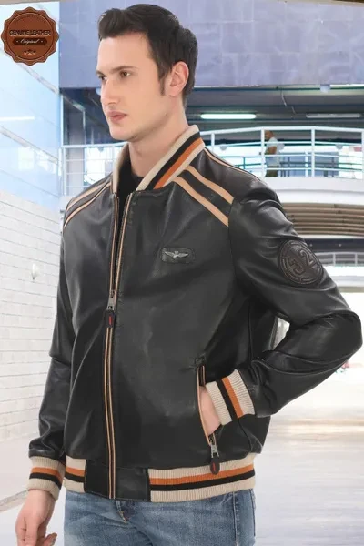 Men's Genuine Lambskin Bomber Jacket Stripe Detail Stylish Black Varsity Derimont Handmade Comfortable Jacket