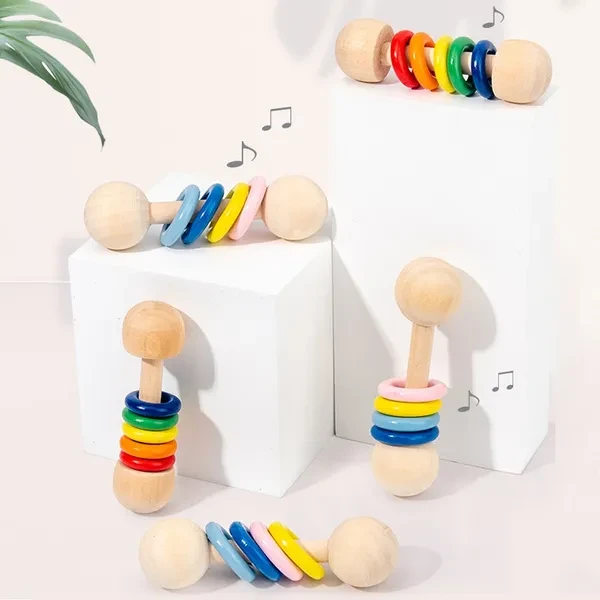 Baby Teether Toy Wooden Rattle Wood Teething Play Gym Montessori Stroller Toy ZOU