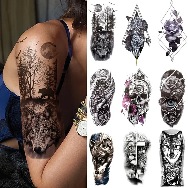 Tattoo Sticker Temporary Waterproof Tattoo Fake Tattoo Wolf Lion Skull Tattoo Black Tattoo Body Art Men and Women Fashion
