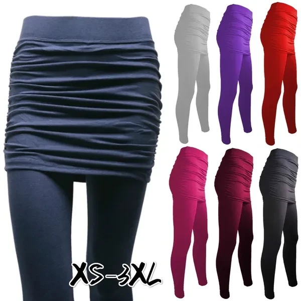 Spring and Autumn Hot Legging Pant Skirt Women's Fashion Leggings with Mini Wrinkle Skirts Slim Fit 2 In 1 Skirt