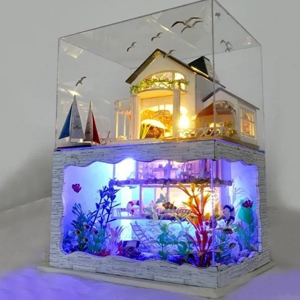 DIY Doll House Toy 3D Wooden Doll Houses Miniature Dollhouse Toys with Furniture LED Lights