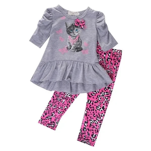 Newborn Kids Baby Girls Autumn Outfits Clothes T-shirt Tops Dress+ Leopard Pants 2PCS Set