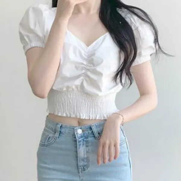 Women Basic T Shirt Crop Top Lolita Bubble Short Sleeve Blouse Punk Gothic Victorian