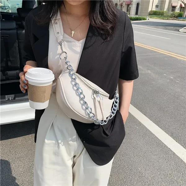 SWDF Silver Chain Design PU Leather Crossbody Bags for Women 2020 White Shoulder Messenger Handbags Small Chest Bag Travel