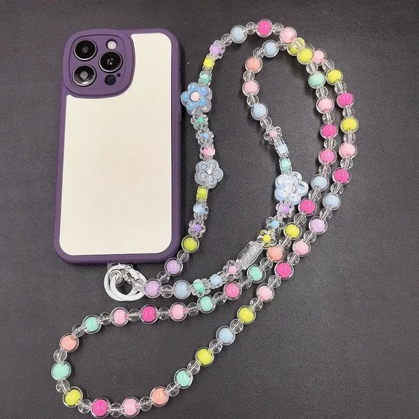Lovely Multi-flower Mobile Phone Straps Crossbody, Anti-lost Rainbow Color Acrylic Beaded Shoulder Chain Long Mobile Phone Lanyard for Phone Accessories