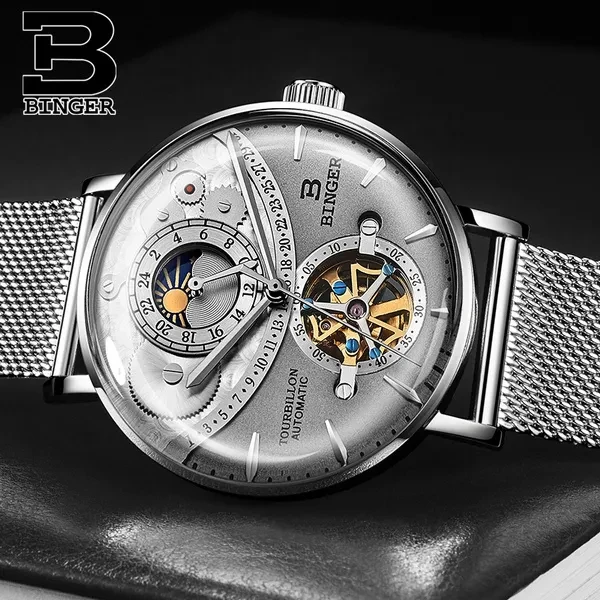 Automatic Watch Men BINGER skeleton Mechanical Mens Watches Fashion Brand Curved Mirror Relogio Masculino Waterproof