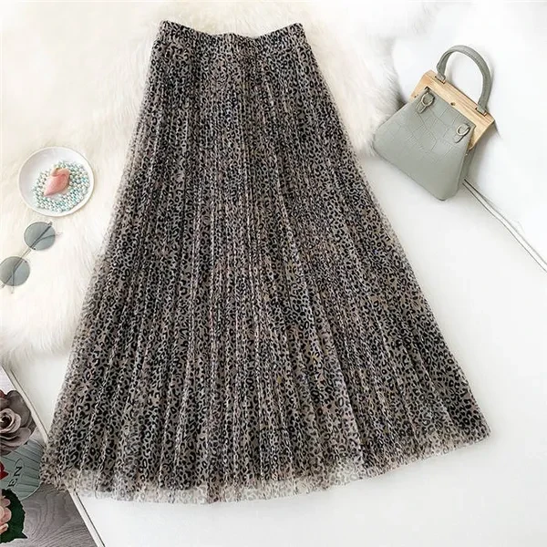Fashion Leopard Printed Tulle Skirts Long Midi Skirt Women High Waist A-line Skirt