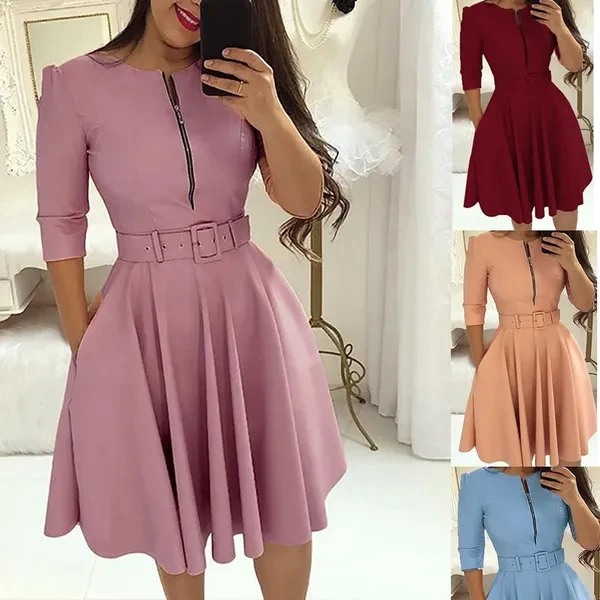 Fashion Women Solid Color Half Sleeve Ruffle Party Dress Summer Elegant Casual Zipper Dresses with Belt