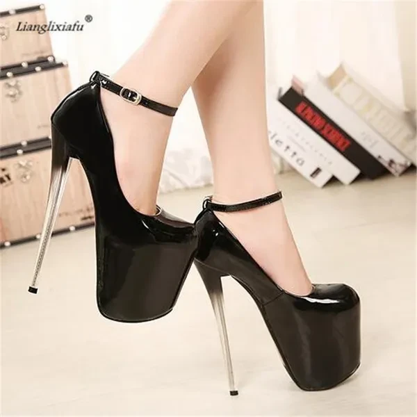 Spring Autumn Round Toe Buckle shoes woman Stilettos Fetish Ballet 20cm Thin High-Heeled Ladies wedding Pumps Female platforms zapatos mujer Plus size;34-45 46 47 48 49 50 Nightclub Evening sapatos da