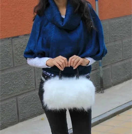 Women's Girls Trendy Faux Rabbit Fur Clutch Shoulder Bag Purse Handbag Tote Band New(White&Black)
