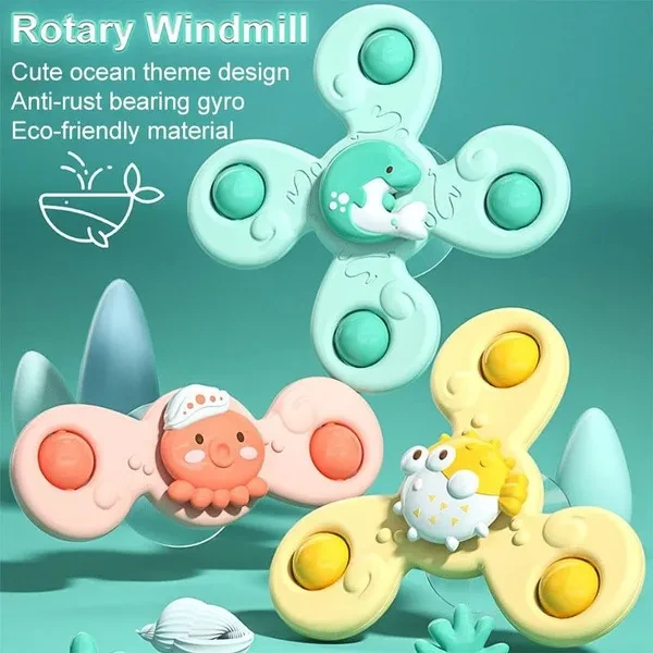 Cute Rotary Windmill Suction Spinning Toy Educational Toy Baby Toddler Kids Dining Table Bathing Car Window Love Marine Anime Fingertip Gyro Spinner Gift for Children Bathing Toys 1-3pcs