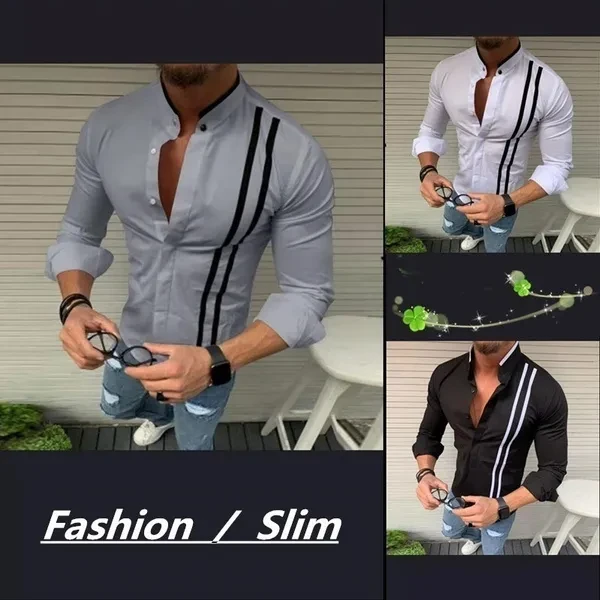 Autumn Men's Casual Fashion Long-sleeved Solid Color Striped Shirt Business Social Slim Men's Clothing