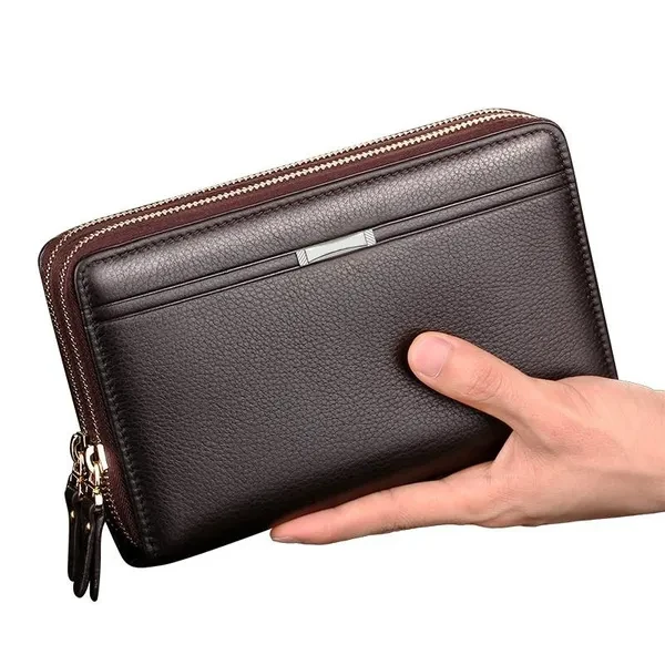 Fashion Double Zipper Men Clutch Bag PU Leather Large Capacity Mens Handbag Phone Wallet Card Holder