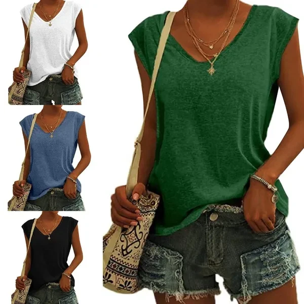 Women Casual Loose Fit V-Neck Sleeve Top Simple Solid Color Basic Blouses T-Shirt