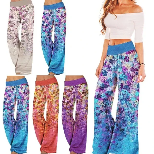 New Women Printed Yoga Wide Leg Pants Summer Casual Bohemian Loose Pants