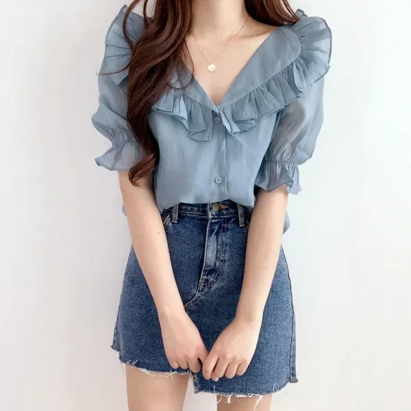 Women Chiffon Blouse Thin Shirt Top Ruffle Collar Puff Sleeve Tees V-neck Princess Retro Summer Shirts