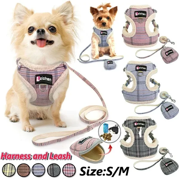 Winter Warm Dog Cat Harness and Leash Set Adjustable Puppy Vest Lead Mesh Pet Harness Chest Strap Leash for Small Dogs Cats