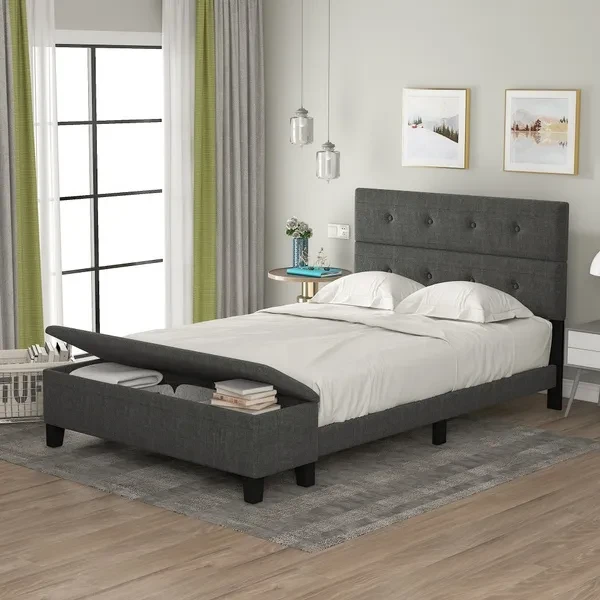 Upholstered Queen Size Platform Bed with Storage Case Gray