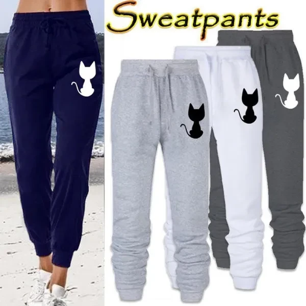 Cute Cat Printed Women Sweatpants Cotton Long Pants Jogger Trousers Womens Casual Sports Fitness Solid Jogging Pants Women Sweat Pants