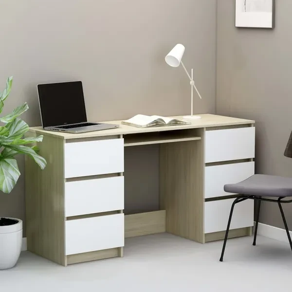 Writing Desk White and Sonoma Oak 140x50x77 cm Chipboard Schreibtisch Schrijftafel Bureau