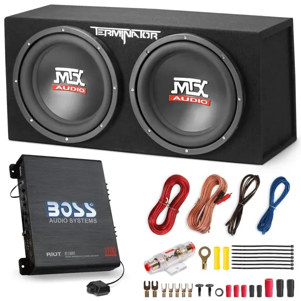 MTX TNE212D 12" 1200W Dual Loaded Car Subwoofer and Boss 1100W Amplifier w/ Kit