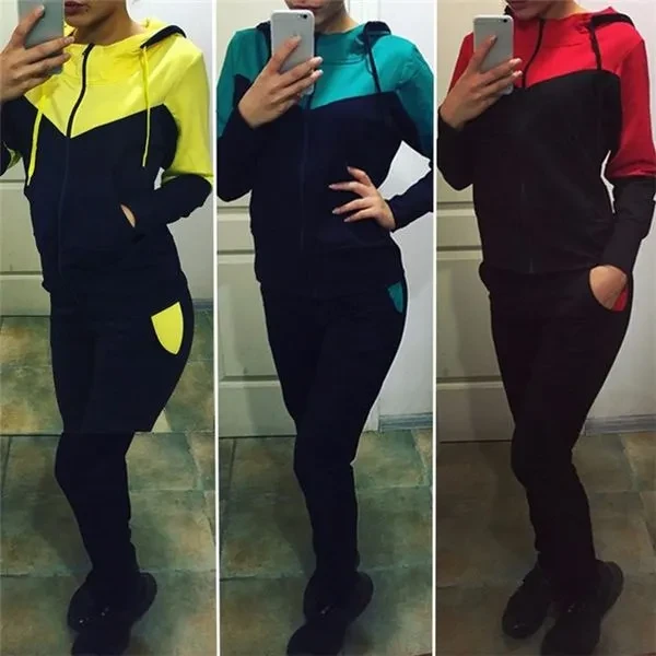New Women Color Stitching Hooded Coat Tracksuit Lady's Casual Cotton Sport Suit Hoodies Loose Jogger Suit