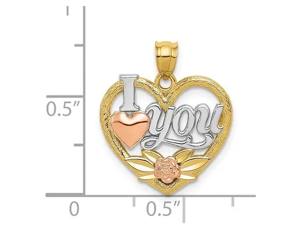 14K Yellow, White and Rose Gold - I Love You - Pendant Necklace Charm with Chain