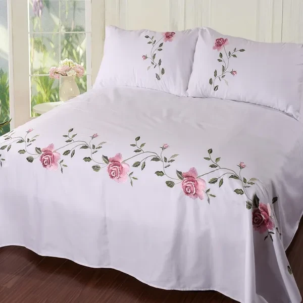 Cotton twill Embroidered Bed Sheets Set Lxuury Bedding Set Wrinkle & Fade Resistant Hypoallergenic Sheet & Pillow Case Set Queen