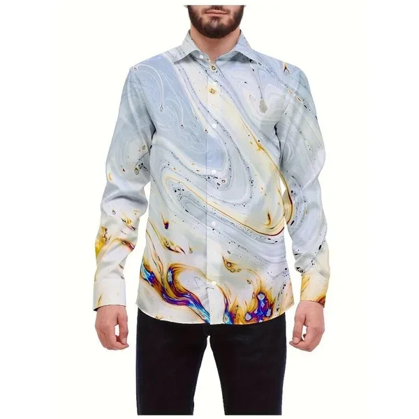 2025 Spring New Men's Abstract Gradient Printed Button Long Sleeve Shirt Fashion Versatile Collar Casual Men's Wear