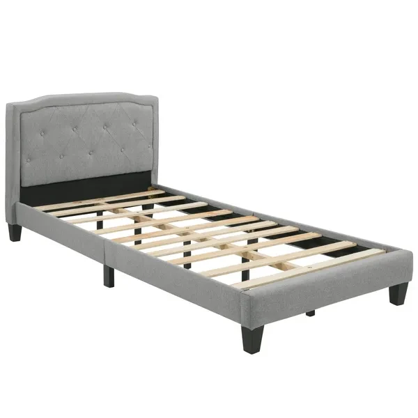Upholstered bed, Single bed 90 x 200 cm, bed frame with slatted frame, storage space, upholstered bed with decorative buttons headboard, for bedrooms, adults and young people, in light gray cover
